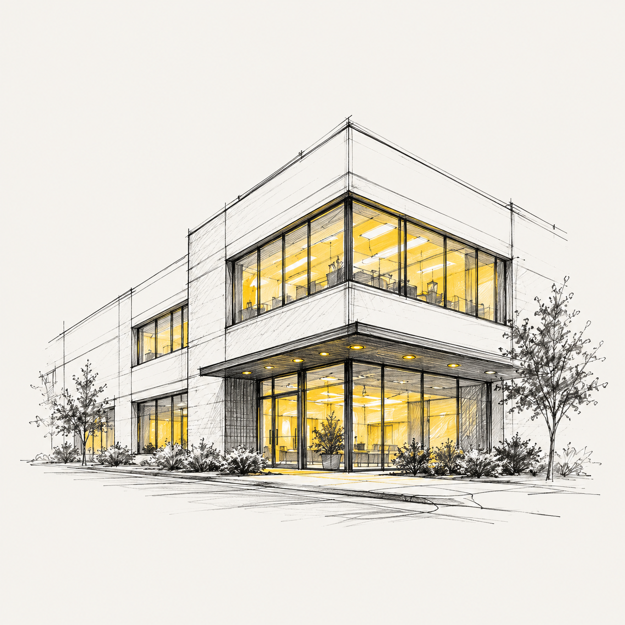 Architectural sketch of a commercial building with yellow lighting accents